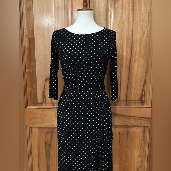 Ines de la Fressange, Paris Gorgeous Black w/ Cream Polka Dot Belted Dress EUC S - Picture 2 of 16